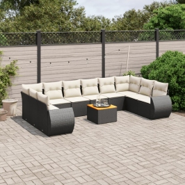 Set de sofás de jardín 11 pzas y cojines ratán sintético negro