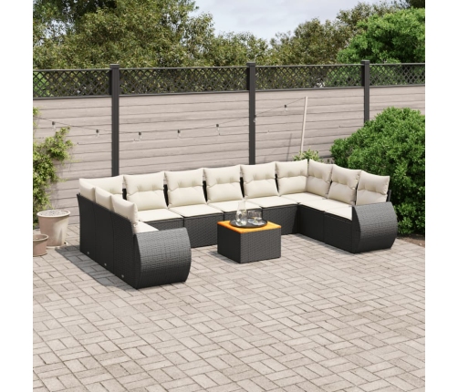 Set de sofás de jardín 11 pzas y cojines ratán sintético negro