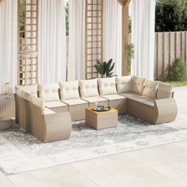 Set de sofás de jardín 11pzas con cojines ratán sintético beige