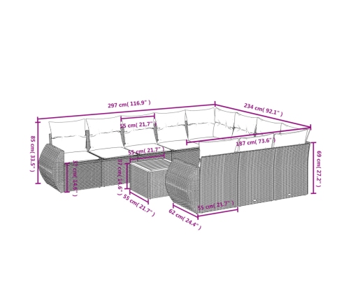 Set de sofás de jardín 11pzas con cojines ratán sintético beige