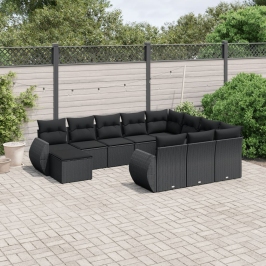 Set de sofás de jardín 11 pzas y cojines ratán sintético negro