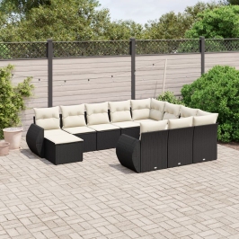 Set de sofás de jardín 11 pzas y cojines ratán sintético negro