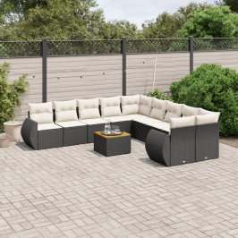 Set de sofás de jardín 11 pzas y cojines ratán sintético negro