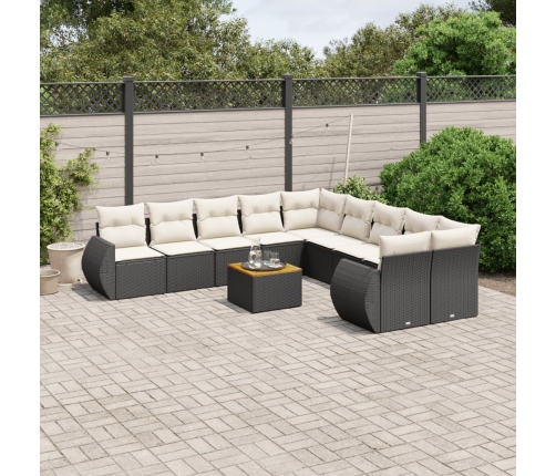 Set de sofás de jardín 11 pzas y cojines ratán sintético negro