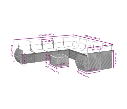 Set de sofás de jardín 11 pzas y cojines ratán sintético gris