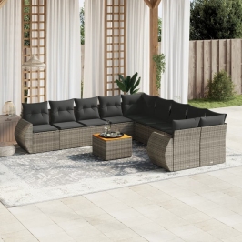 Set de sofás de jardín 11 pzas y cojines ratán sintético gris