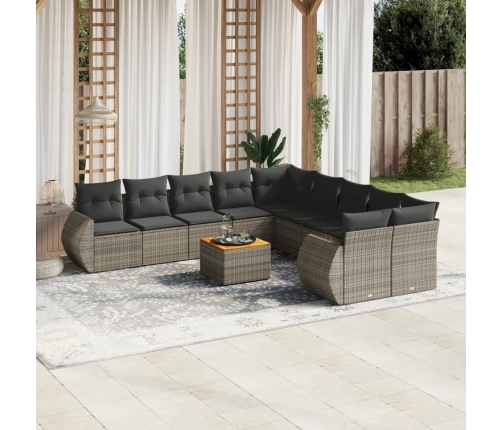 Set de sofás de jardín 11 pzas y cojines ratán sintético gris