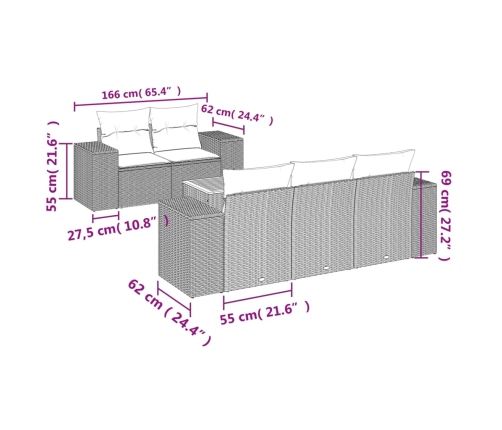 Set de muebles de jardín 6 pzas y cojines ratán sintético gris