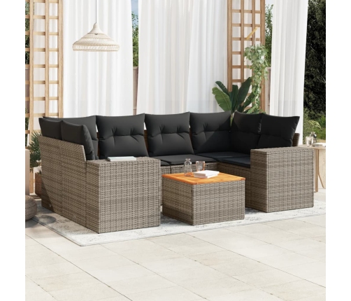Set de sofás de jardín 7 piezas con cojines ratán PE gris
