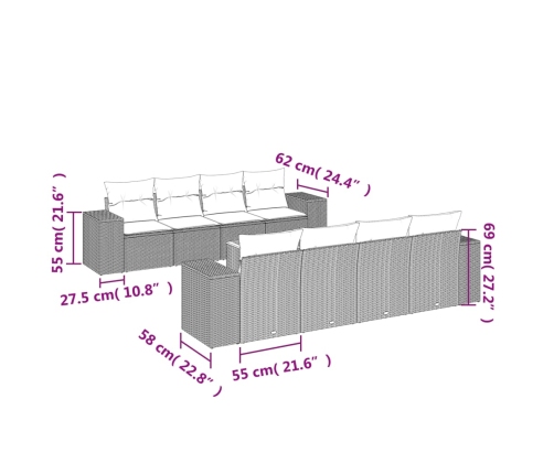 Set de sofás de jardín 9 pzas con cojines ratán sintético beige