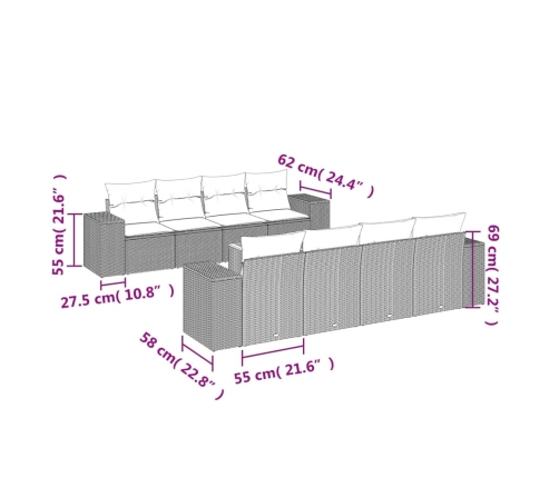 Set de sofás de jardín 9 pzas con cojines ratán sintético beige