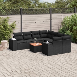 Set de sofás de jardín 8 piezas y cojines ratán sintético negro