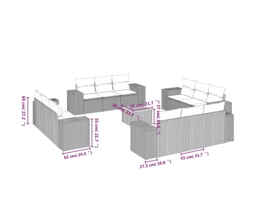 Set de sofás de jardín y cojines 13 pzas ratán sintético negro