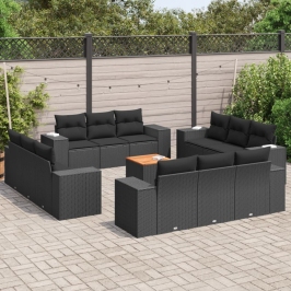 Set de sofás de jardín y cojines 13 pzas ratán sintético negro