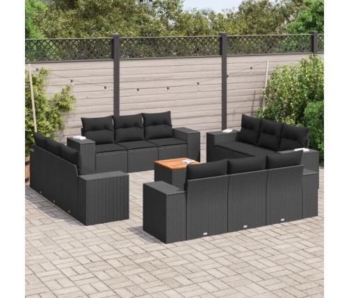Set de sofás de jardín y cojines 13 pzas ratán sintético negro