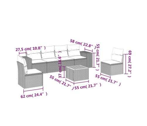 Set sofás de jardín 7 piezas y cojines ratán sintético beige