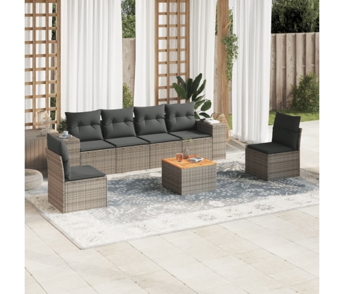 Set de sofás de jardín 7 piezas con cojines ratán PE gris