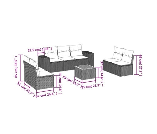 Set de sofás de jardín 8 pzas y cojines ratán sintético gris