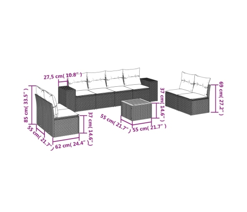 Set de sofás de jardín 9 pzas con cojines ratán sintético beige