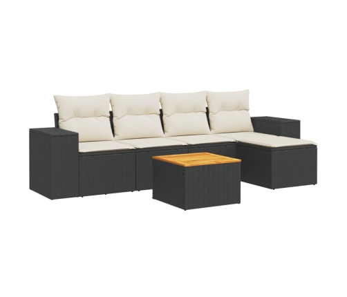 Set de sofás de jardín 6 piezas y cojines ratán sintético negro