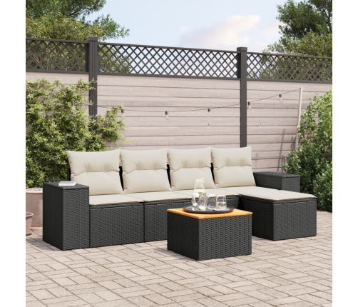 Set de sofás de jardín 6 piezas y cojines ratán sintético negro