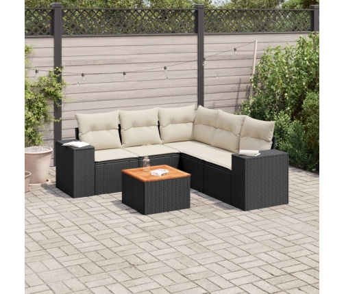 Set de sofás de jardín 6 piezas y cojines ratán sintético negro