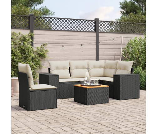 Set de sofás de jardín 6 piezas y cojines ratán sintético negro