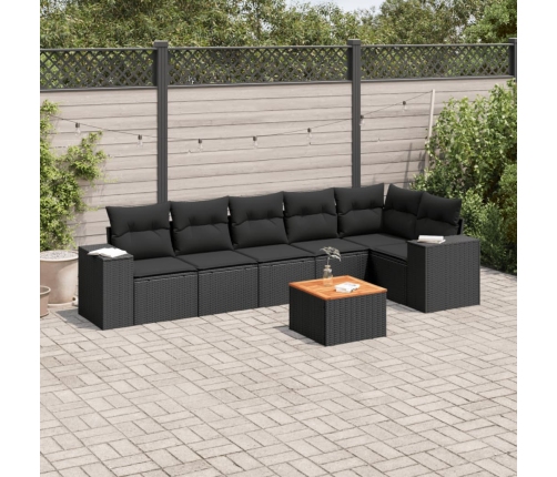 Set de comedor de jardín 7 pzas y cojines ratán sintético negro