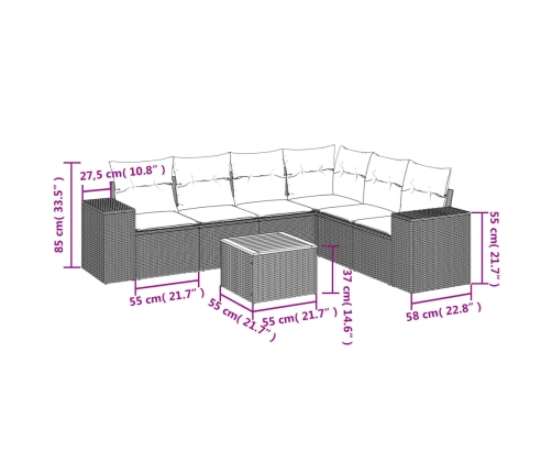 Set de comedor de jardín 7 pzas y cojines ratán sintético negro