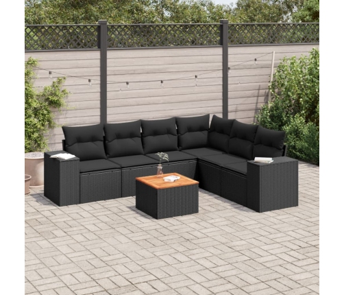 Set de comedor de jardín 7 pzas y cojines ratán sintético negro