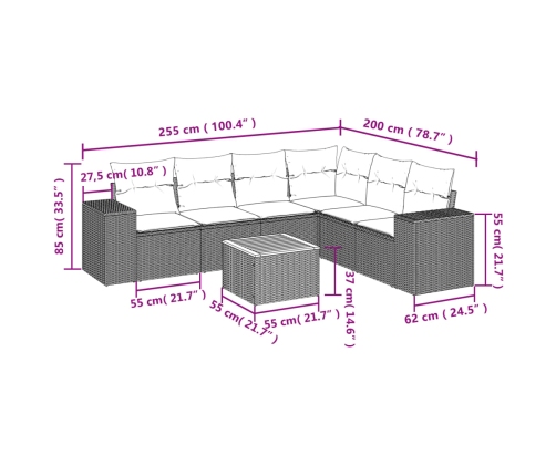 Set de sofás de jardín 7 piezas con cojines ratán PE gris