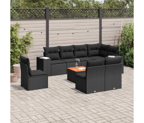 Set de sofás de jardín 8 piezas y cojines ratán sintético negro