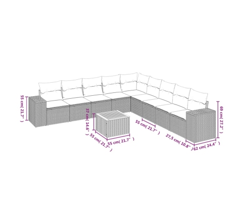 Set de sofás de jardín 10 pzas cojines ratán sintético negro