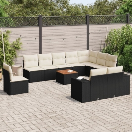 Set de sofás de jardín 11 pzas y cojines ratán sintético negro