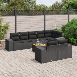 Set de sofás de jardín 8 piezas y cojines ratán sintético negro