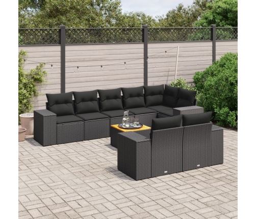 Set de sofás de jardín 8 piezas y cojines ratán sintético negro