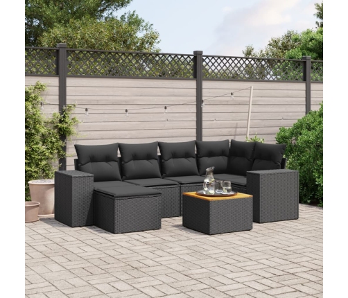 Set de comedor de jardín 7 pzas y cojines ratán sintético negro