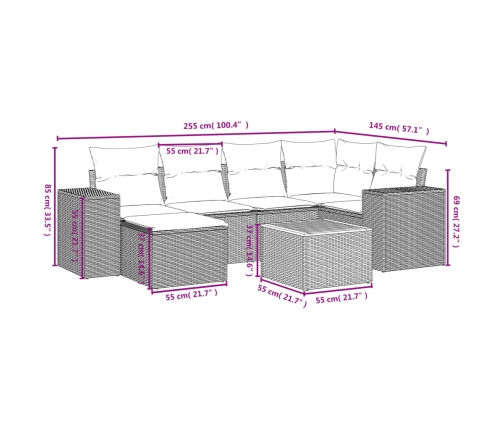 Set de sofás de jardín 7 piezas con cojines ratán PE gris