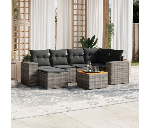 Set de sofás de jardín 7 piezas con cojines ratán PE gris