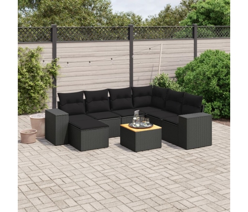 Set de sofás de jardín 8 piezas y cojines ratán sintético negro