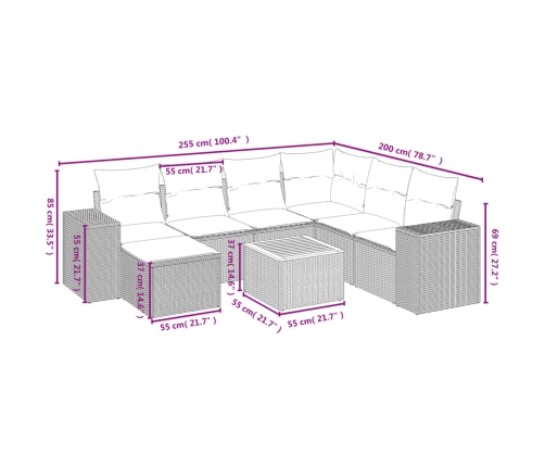 Set de sofás de jardín 8 pzas y cojines ratán sintético gris