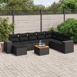 Set de sofás de jardín 8 piezas y cojines ratán sintético negro