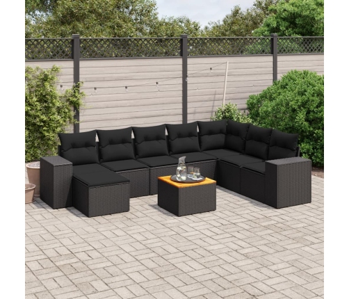 Set de sofás de jardín 8 piezas y cojines ratán sintético negro