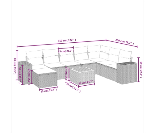 Set de sofás de jardín 8 piezas y cojines ratán sintético negro