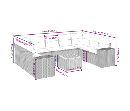 Set de sofás de jardín 10 pzas cojines ratán sintético negro