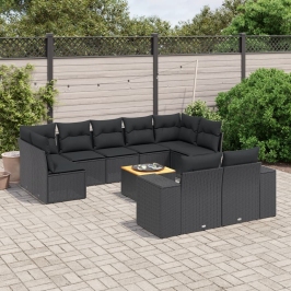 Set de sofás de jardín 10 pzas cojines ratán sintético negro