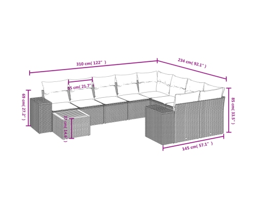 Set de sofás de jardín 10 pzas cojines ratán sintético negro