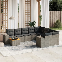 Set de sofás de jardín 10 pzas con cojines ratán sintético gris