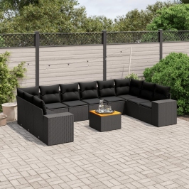 Set de sofás de jardín 11 pzas y cojines ratán sintético negro