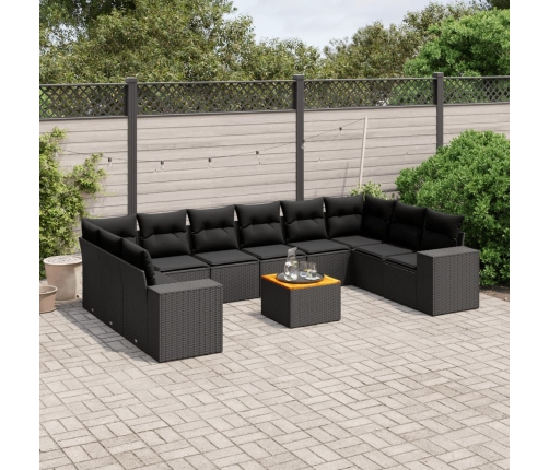 Set de sofás de jardín 11 pzas y cojines ratán sintético negro